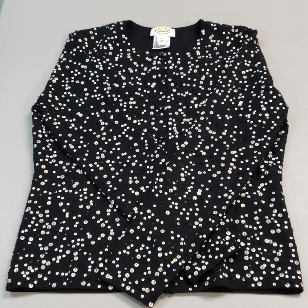 Small Talbots button down sweater black tan and wh